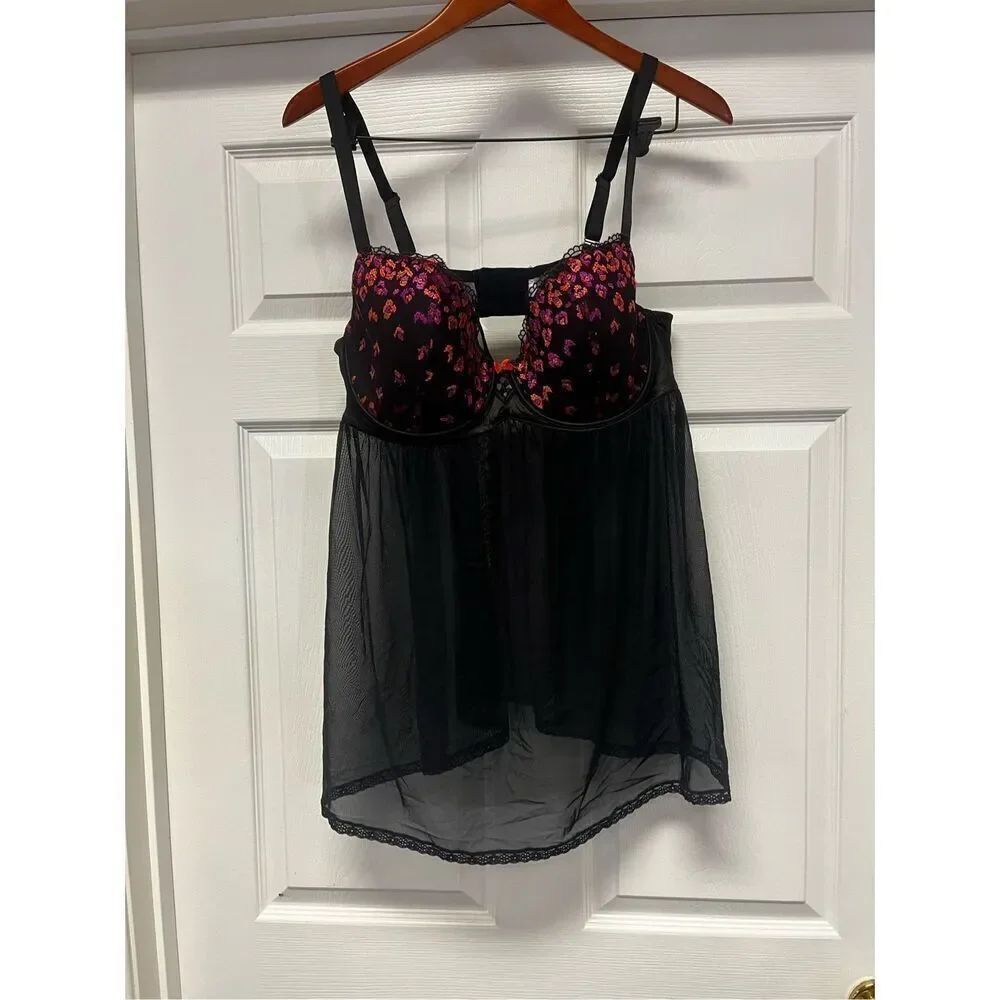 Savage X Fenty Embroidered Flower Black Underwire Babydoll sz 2X EUC